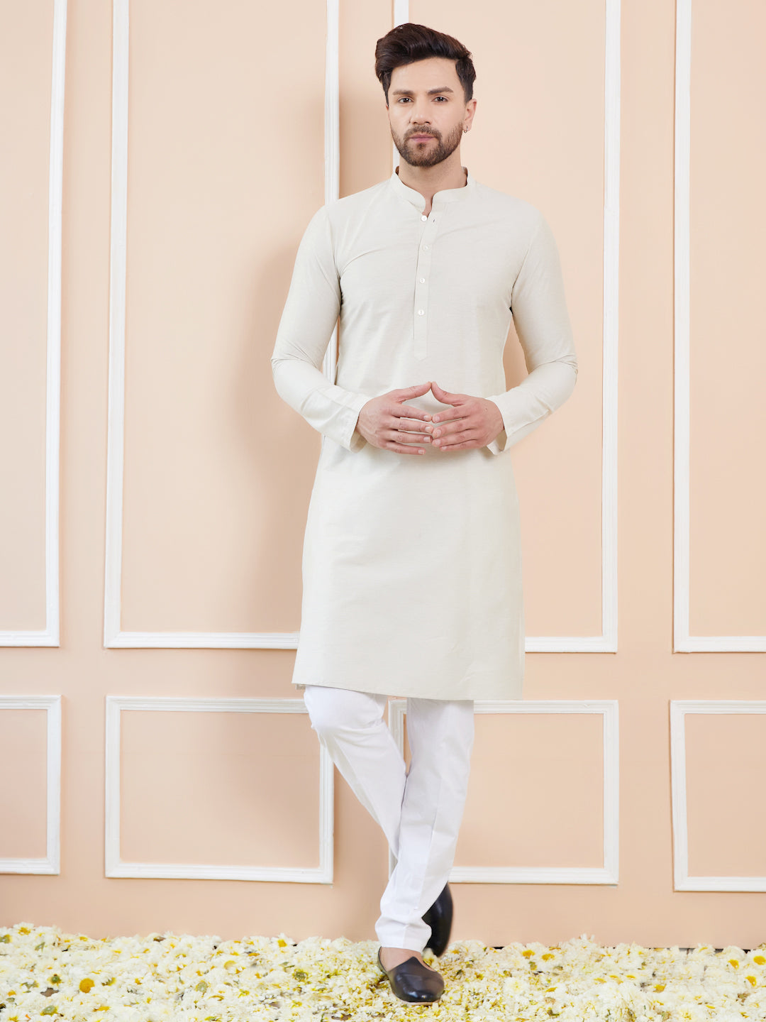 Cream Cotton Solid Straight Kurta with Pyjama