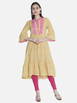 Women Mustard And Pink Printed Dress