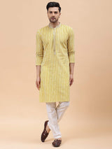 Men Gold & White Pure Cotton Embroidered Straight Kurta