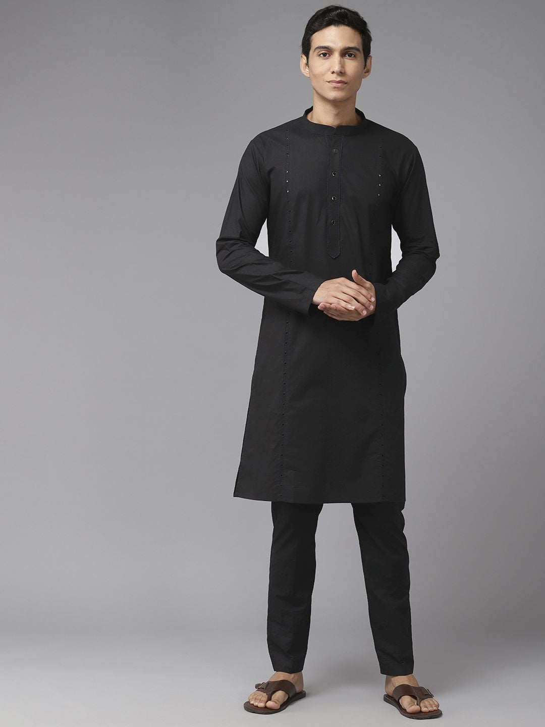 Men Black Pure Cotton Embroidered Straight Kurta With Pajama