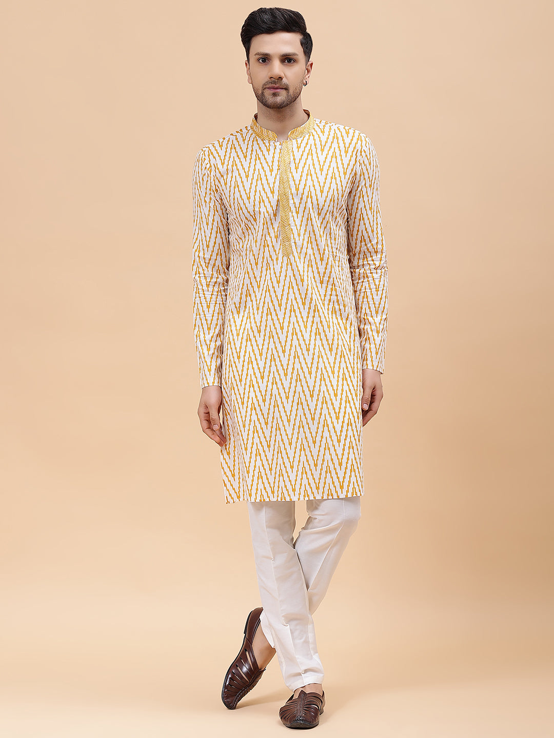 Men White & Mustard Pure Cotton Embroidered Straight Kurta With pyjama