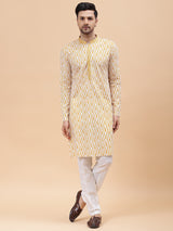 Men White & Mustard Pure Cotton Embroidered Straight Kurta With pyjama