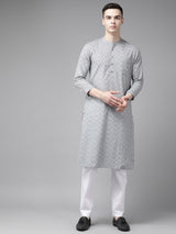 Men Grey & Gold Printed Straight Kurta With Pyjama
