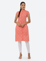 Women Peach & White Khari Print Straight Kurti