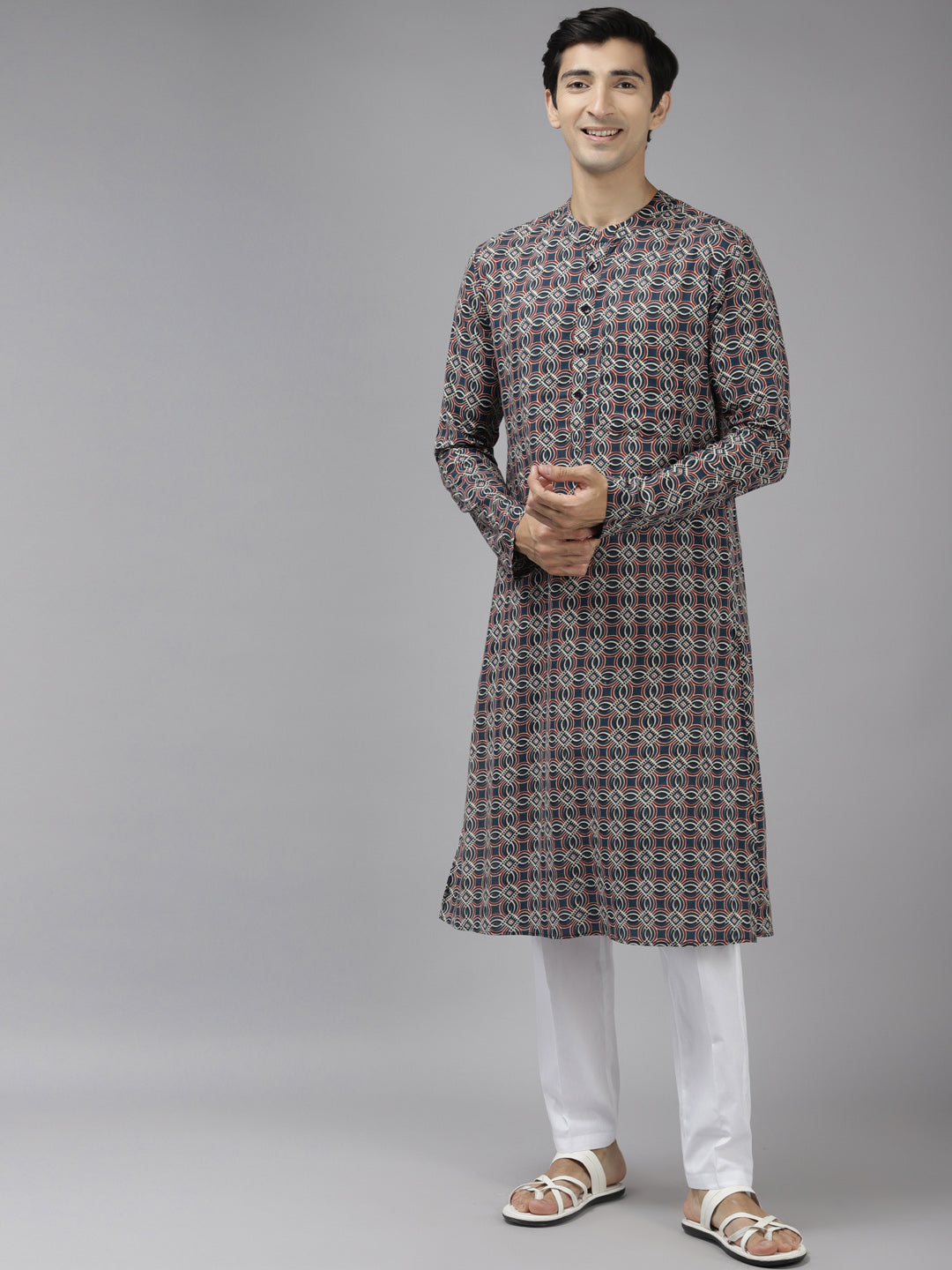 Men Blue And Beige Printed Thread Work Indigo Kurta With Pajama