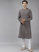 Men Blue And Beige Printed Thread Work Indigo Kurta With Pajama