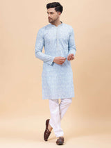 Men Sky Blue & White Pure Cotton Embroidered Straight Kurta