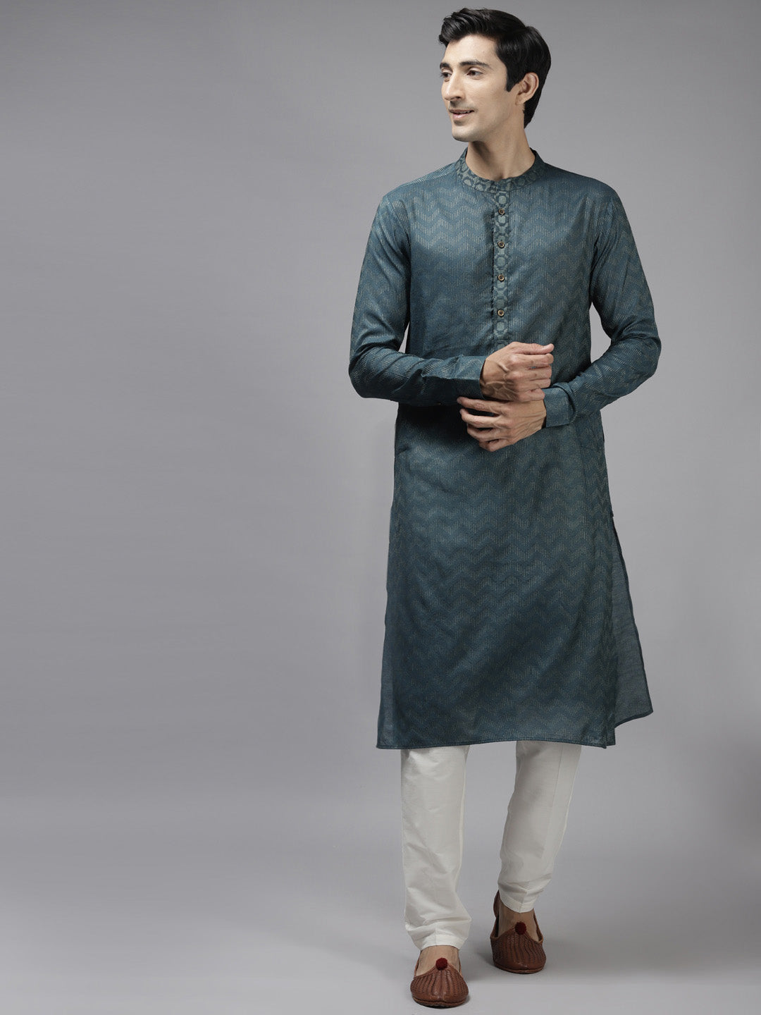 Men Teal & Beige Wave Woven Design Thread Work Kurta