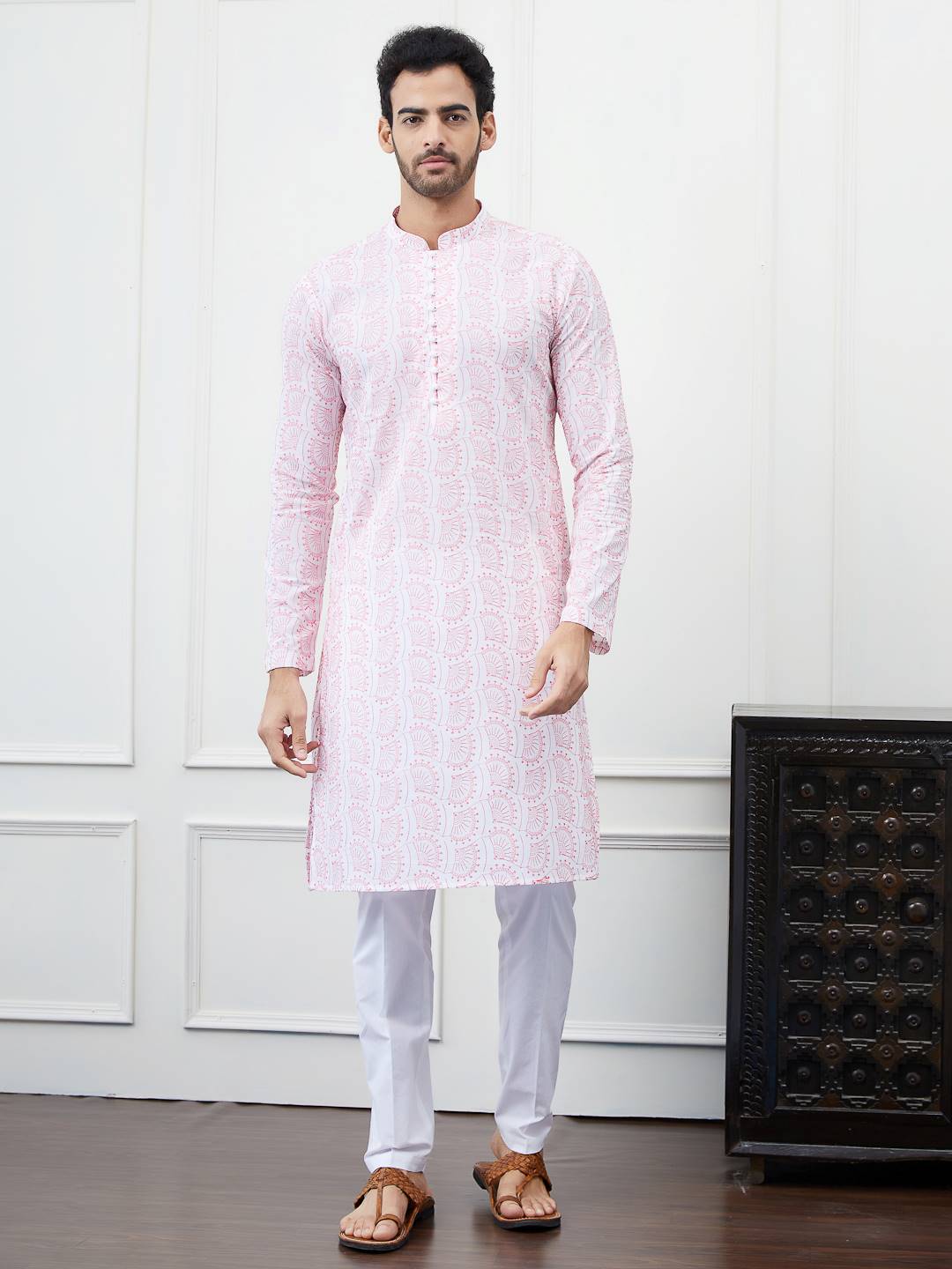 Men White with Blush Pink Pattern Chikankari Embroidered Cotton Kurta Set