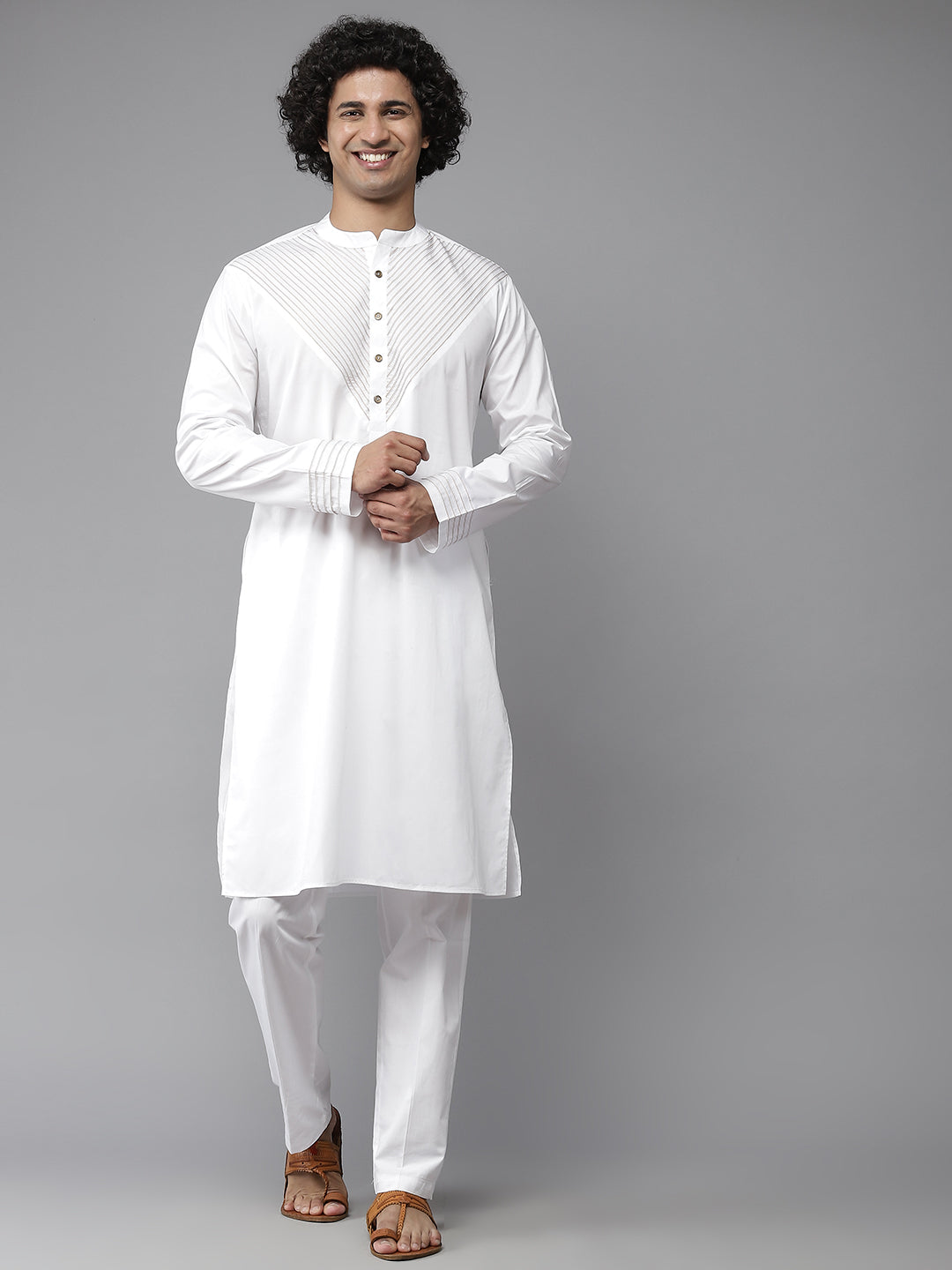 Men White Radiance Yoke Design Straight Kurta With Pajama