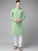 Riwaat.com Men Green Pure Cotton Chikankari Embroidered Straight Kurta With Pajama Riwaat Chikankari Cotton Embroidered Mehendi