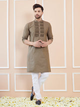 Dust Cotton Straight Kurta with Pintuck Yoke Neckline & Pyjama