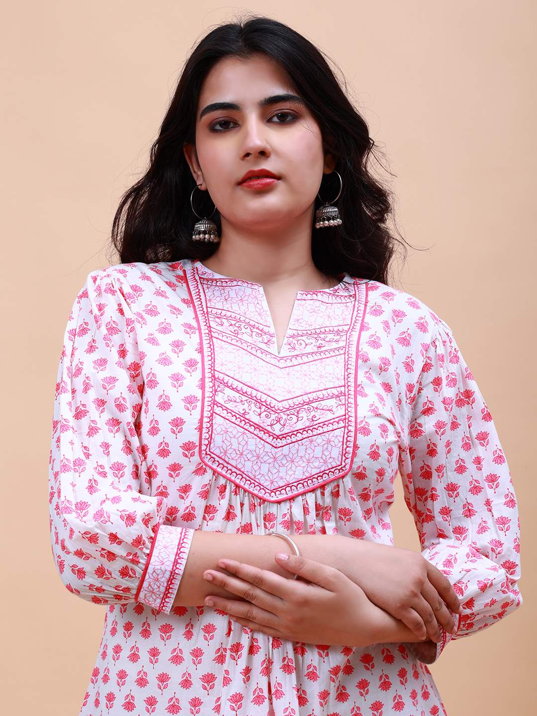 Women Pink And White Floral Yoke Design Embroidery Cotton Kurti