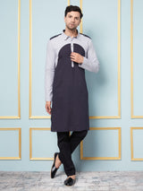 Men Navy Blue and Silver Solid Kurta With pyjama