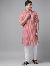 Men Fuchsia Pink Regular Pure Cotton Pathani Printed Men's Kurta