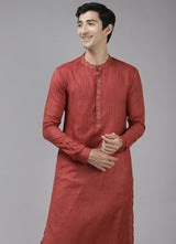 Men Maroon & Beige Toned Woven Design Thread Work Kurta