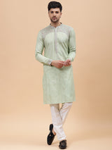 Men Lime Green & Grey Silk Woven Design Straight Kurta