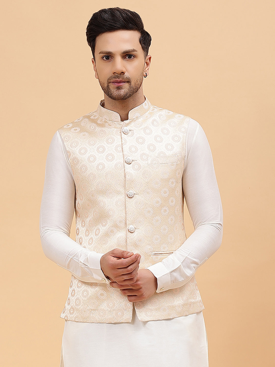 Men Opulent Floral Emboss Jacquard Nehru Jacket