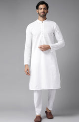 Men White Ethnic Motifs Chikankari Embroidered Straight Kurta