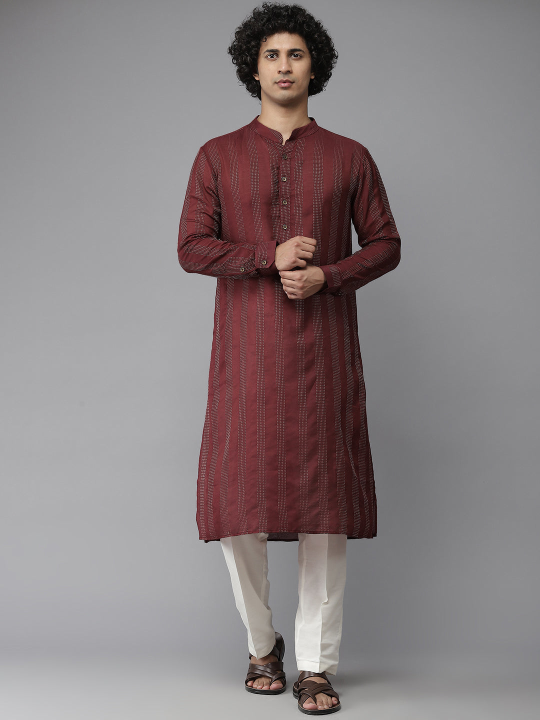 Men Maroon Majesty Woven Design Kurta With Pajama