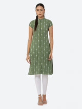 Women Green & White Khari Print Straight Kurti