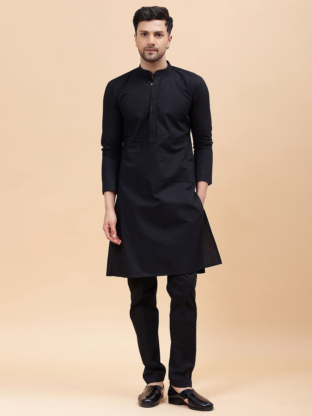 Men Black Pure Cotton Embroidered Straight Kurta