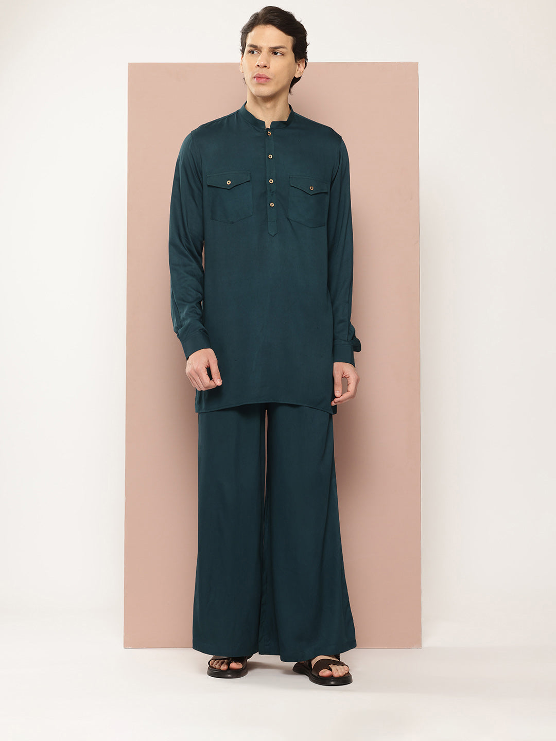Men Green Rayon Solid Pathani Sets