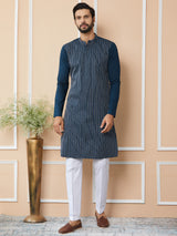 Dark Blue Thread & Sequins Worked Pure Cotton Straight Kurta with Pyjama
