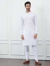 Men White with Subtle Pink Striped Kurta and Pajama