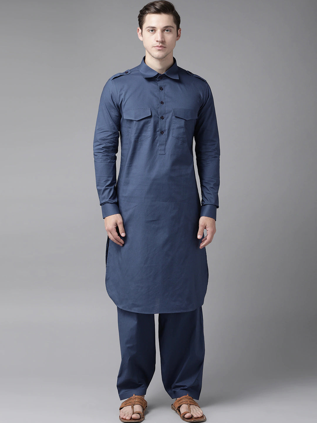 Riwaat.com Men Navy Blue Pathani Kurta with Salwar Riwaat Pathani Plain