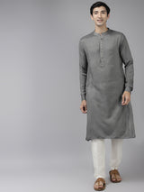 Men Grey & Beige Toned Woven Design Thread Work Kurta