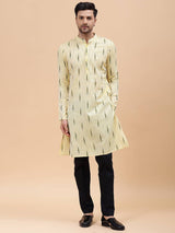 Men Cream & Green Pure Cotton Printed Straight Kurta