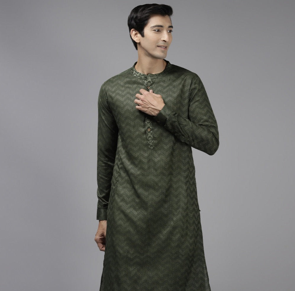 Men Green & Beige Wave Woven Design Thread Work Kurta