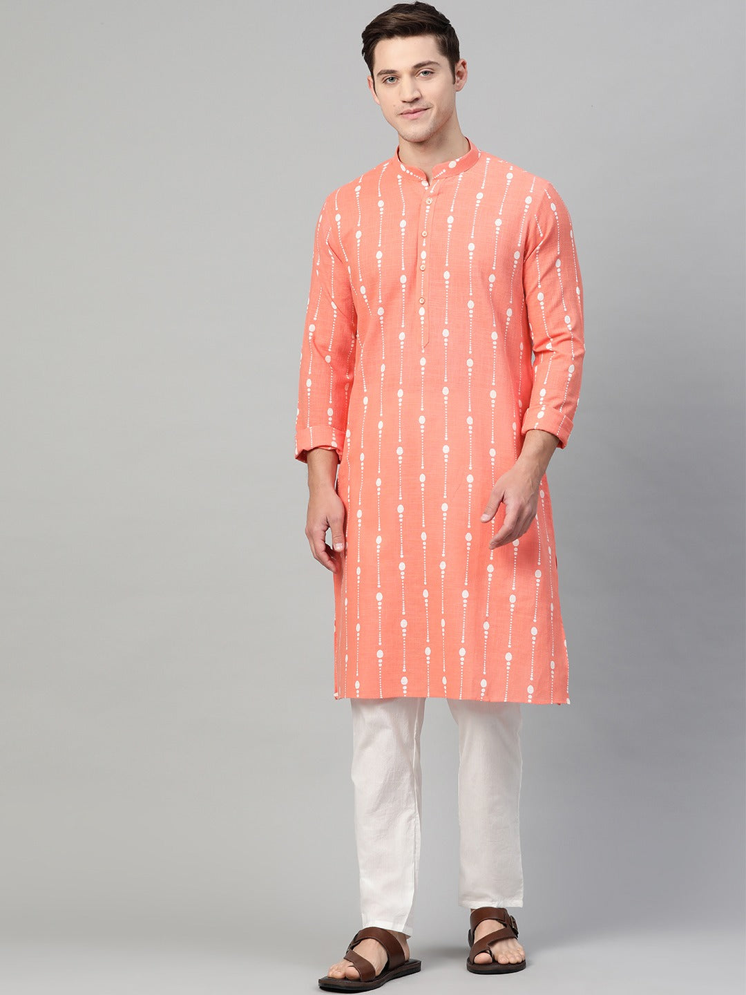 Riwaat.com Men Peach & White Printed Straight Kurta Riwaat Bundi Printed