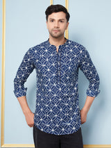 Men Blue & White Printed Cotton Short Kurta