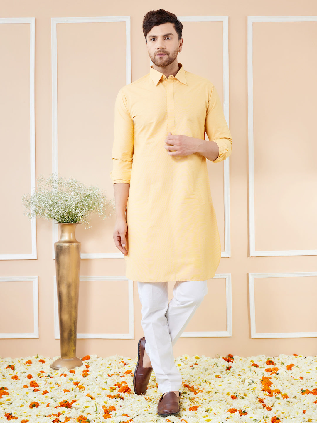 Men Yellow Cotton Solid Pathani Kurta with Pyjama