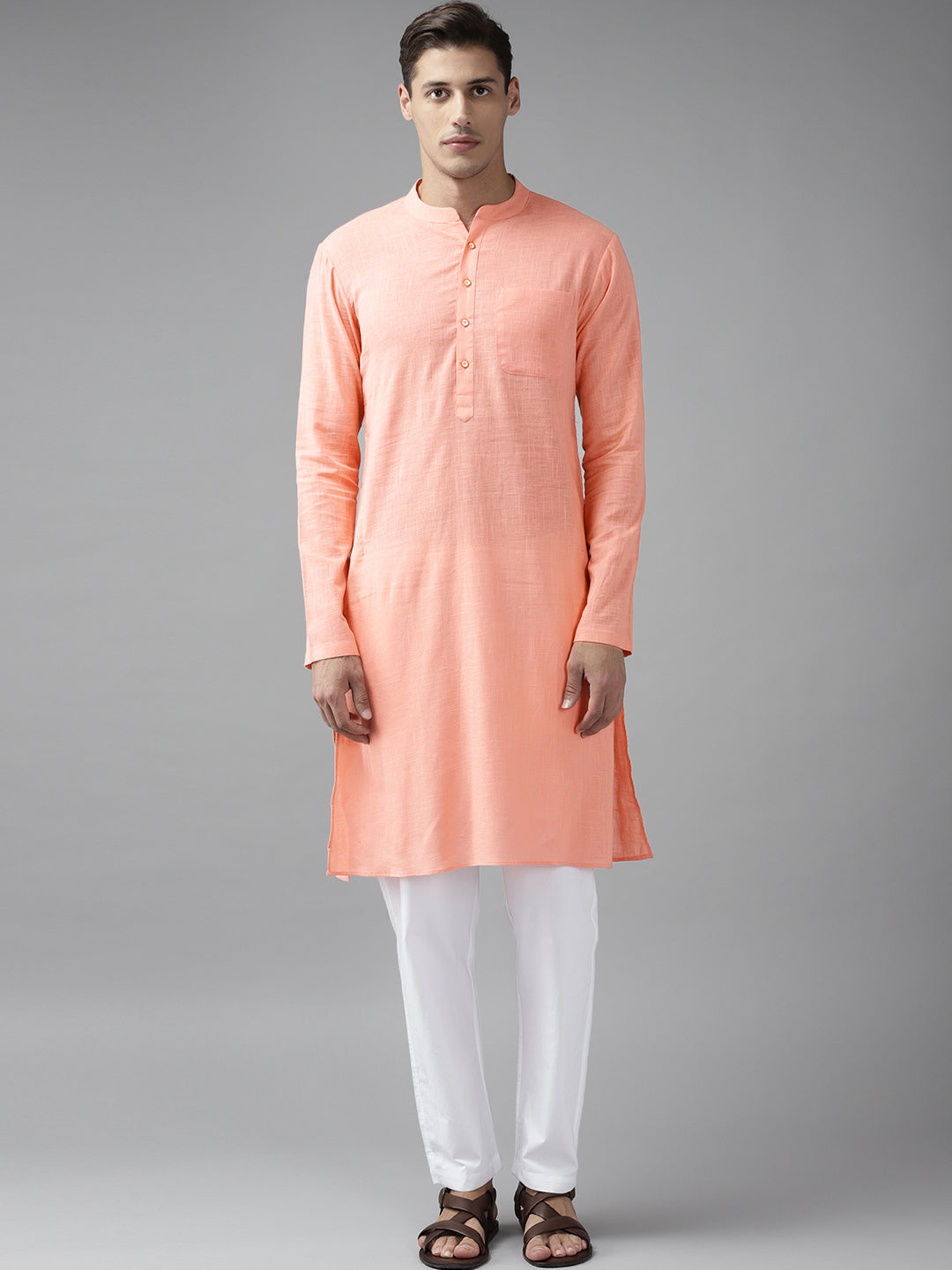 Men Peach Cotton Straight Kurta with Slub Effect With Pajama