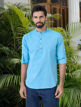 Men Pack Of 2 Turquoise Blue & Blue Cotton Solid Short Kurta