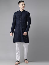 Men Navy Blue Floral Embroidered Sequins Rayon Kurta With pyjama