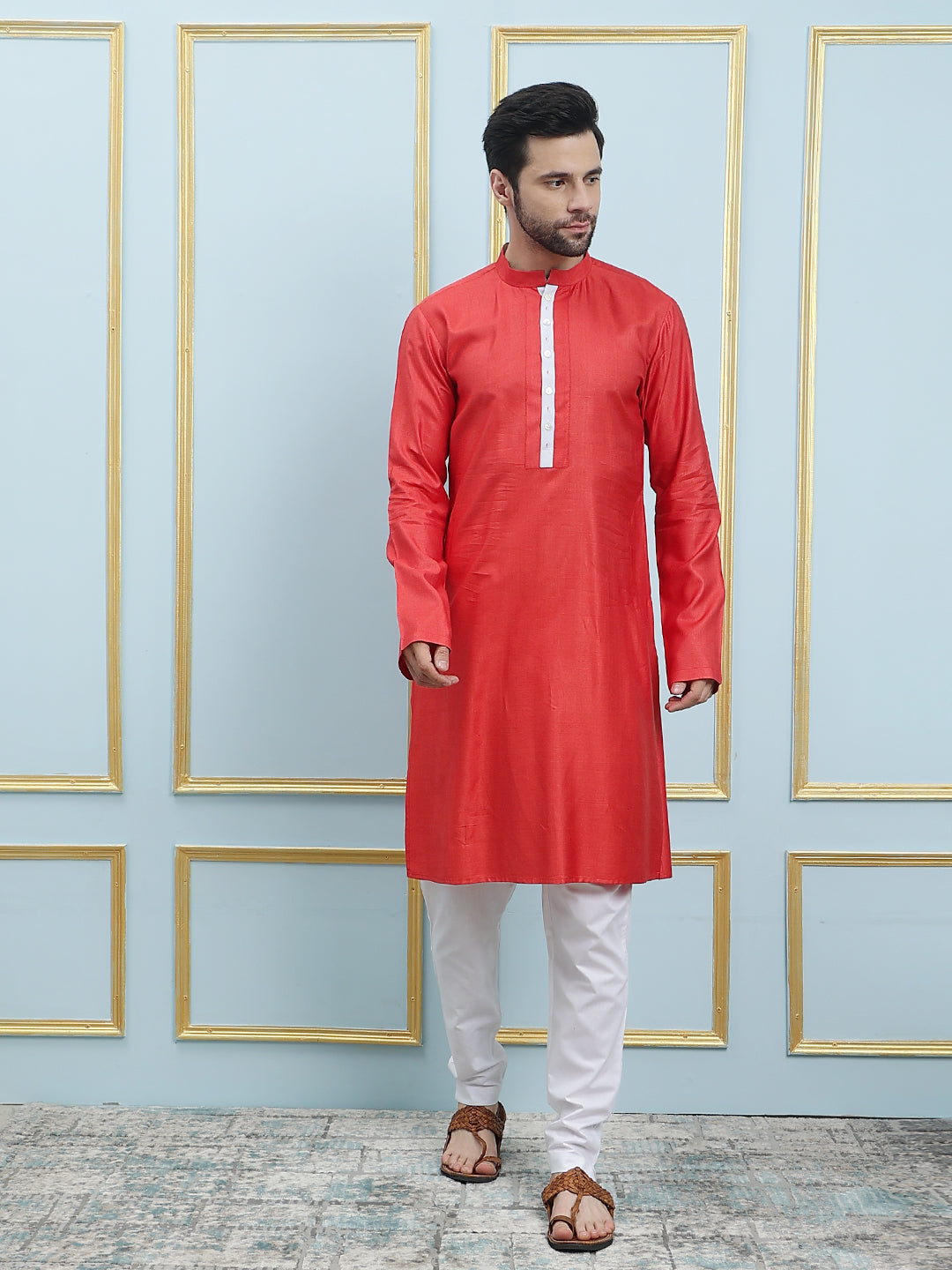 Riwaat.com Men Orange Solid Cotton Silk Kurta Riwaat Embroidered