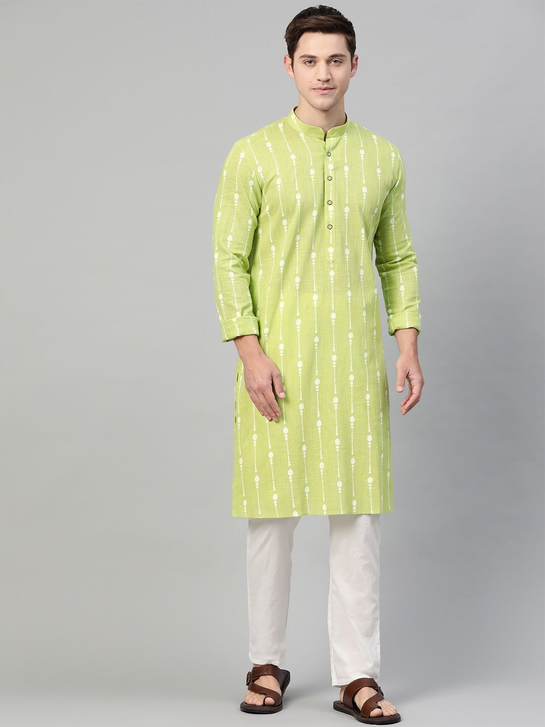 Lime Green & White Printed Straight Kurta With Pajama