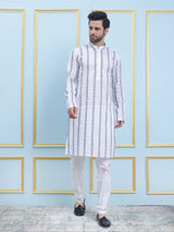 Riwaat.com Men White & Blue Chikankari Embroidery Cotton Kurta Riwaat Embroidered