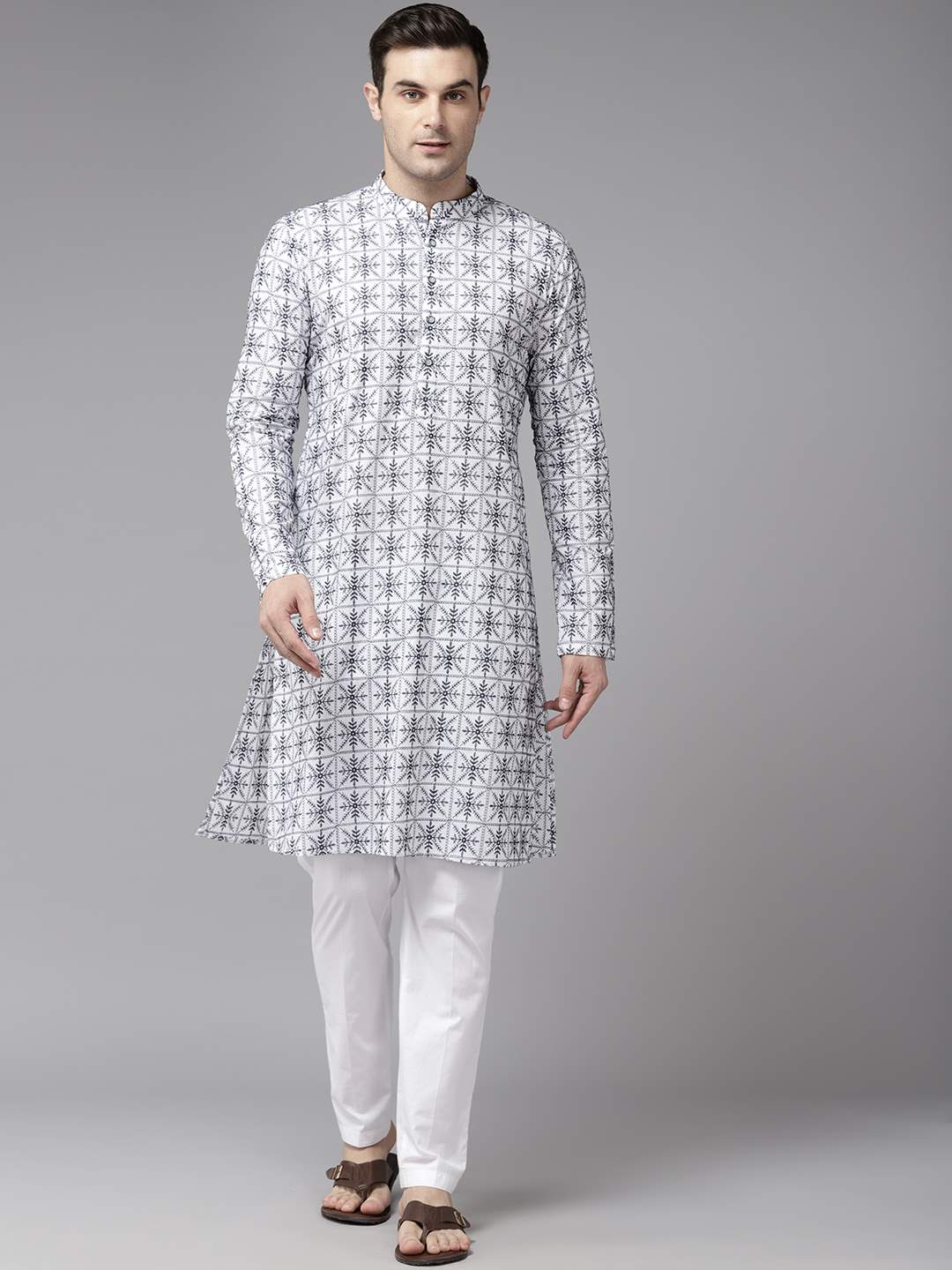 Men Off White & Blue Pure Cotton Embroidered Straight Kurta With Pajama