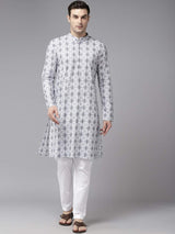 Men Off White & Blue Pure Cotton Embroidered Straight Kurta With Pajama