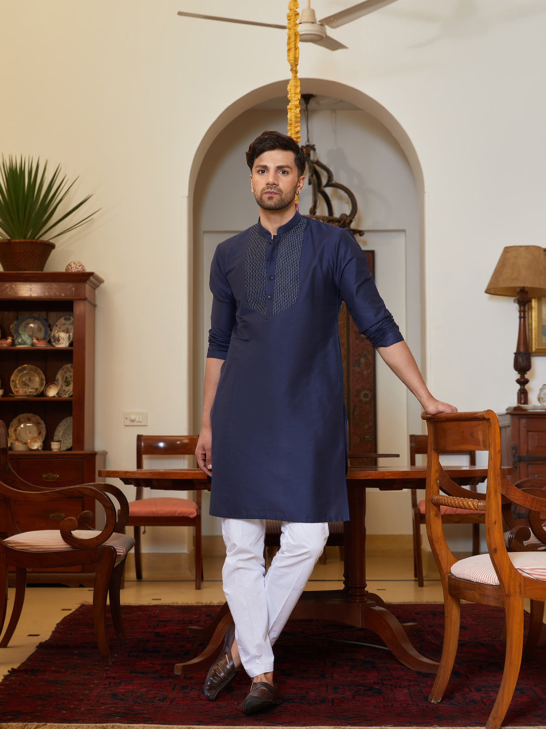 Men Navy Blue Cotton Silk Pintex Yoke Design Kurta