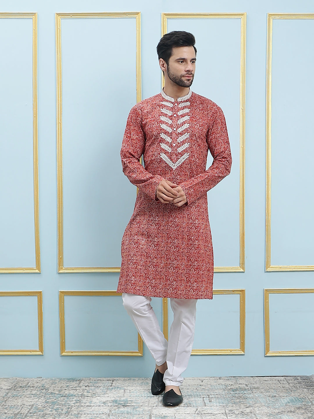 Riwaat.com Men Red & White Embroidery Cotton Kurta Riwaat Embroidered