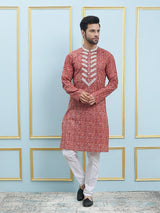 Riwaat.com Men Red & White Embroidery Cotton Kurta Riwaat Embroidered