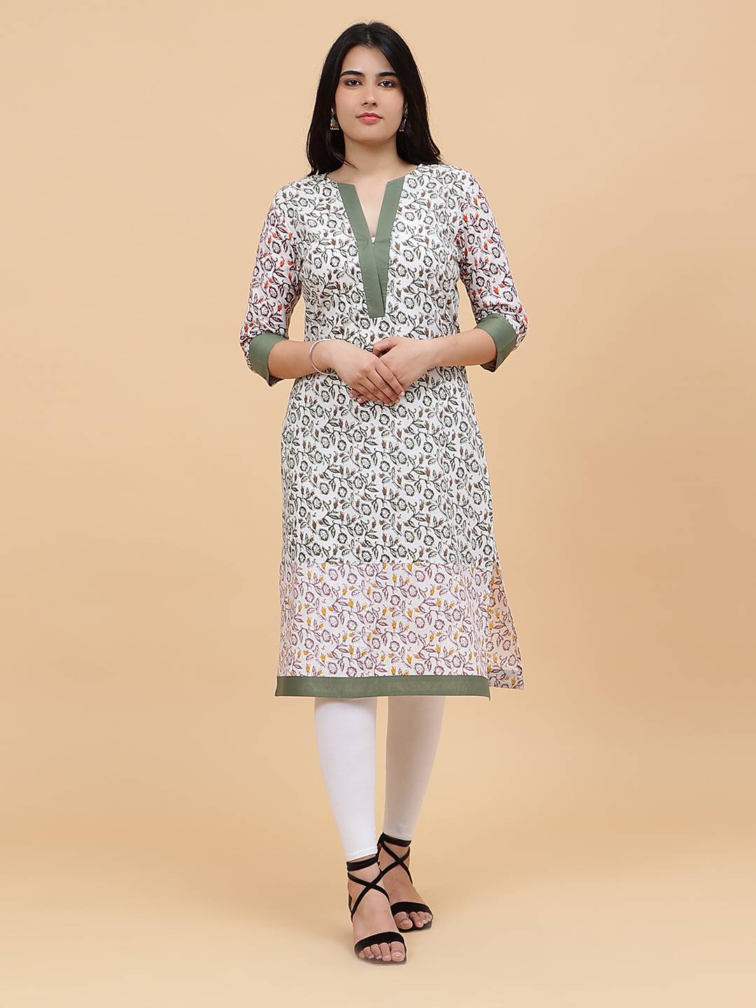 Women Multi Color Floral Printed Yoke Design Cotton Kurti