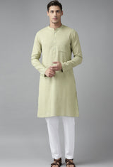 Men Green Cotton Straight Kurta with Slub Effect With Pajama