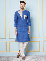 Men Blue and Off White Printed Kurta With pyjama